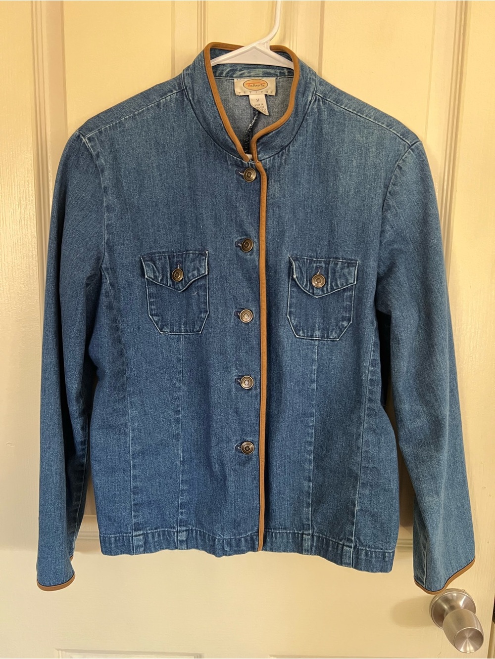 Talbots Petites Vintage Denim Button Faux Suede Trim Stand Collar  Medium